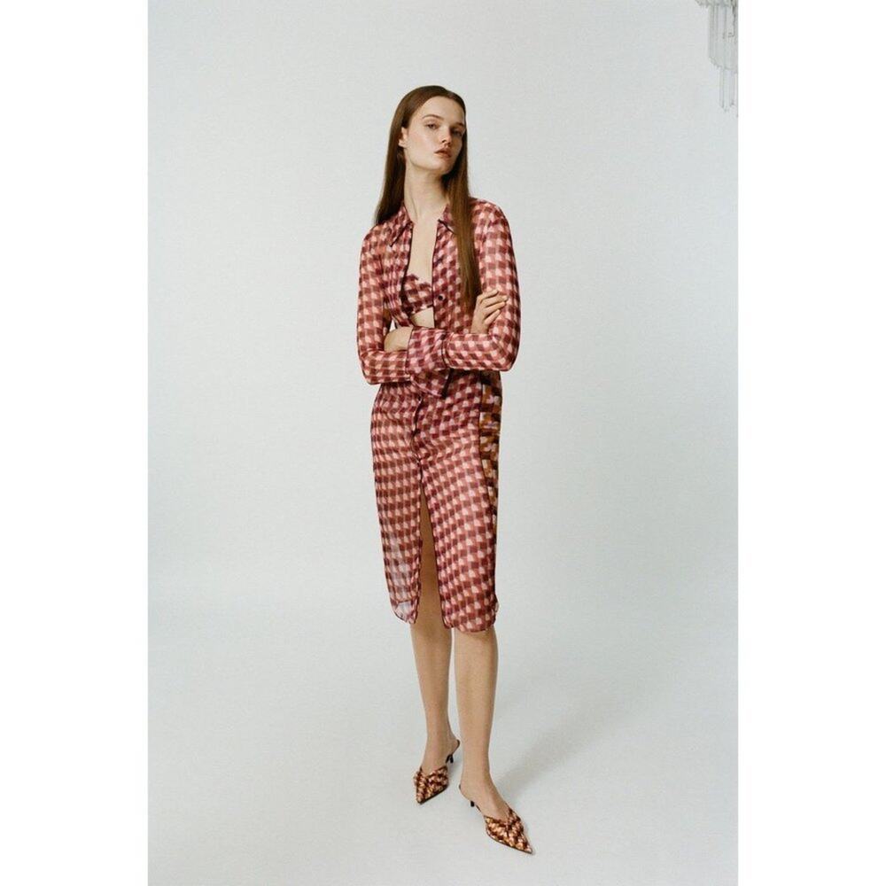 Zara Red Geometric Mod Print Button-Down Sheer Co… - image 1